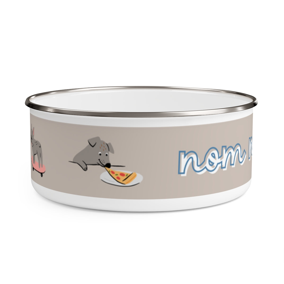 nom, nom, nom design Enamel Dog Bowl. Modern, Large Dog Bowls for Food and Water