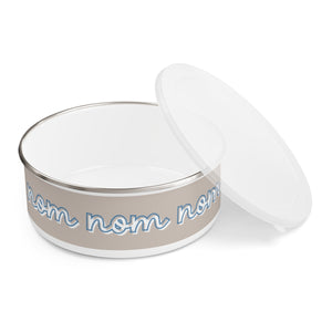 nom, nom, nom design Enamel Dog Bowl. Modern, Large Dog Bowls for Food and Water