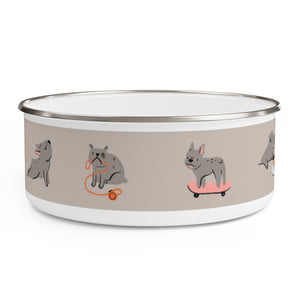 nom, nom, nom design Enamel Dog Bowl. Modern, Large Dog Bowls for Food and Water