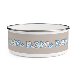 nom, nom, nom design Enamel Dog Bowl. Modern, Large Dog Bowls for Food and Water