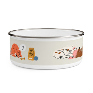 Eat, Drink, Sleep design Enamel Dog Bowl. Modern, Large Dog Bowls for Food and Water