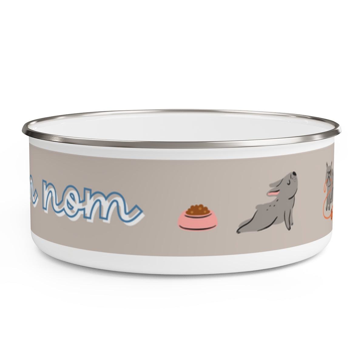 nom, nom, nom design Enamel Dog Bowl. Modern, Large Dog Bowls for Food and Water