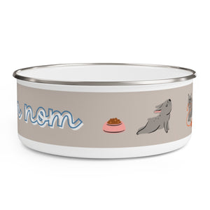 nom, nom, nom design Enamel Dog Bowl. Modern, Large Dog Bowls for Food and Water