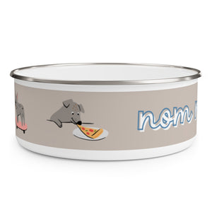 nom, nom, nom design Enamel Dog Bowl. Modern, Large Dog Bowls for Food and Water