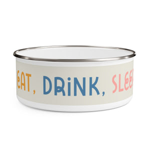 Eat, Drink, Sleep design Enamel Dog Bowl. Modern, Large Dog Bowls for Food and Water