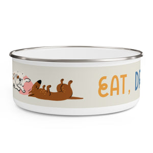 Eat, Drink, Sleep design Enamel Dog Bowl. Modern, Large Dog Bowls for Food and Water