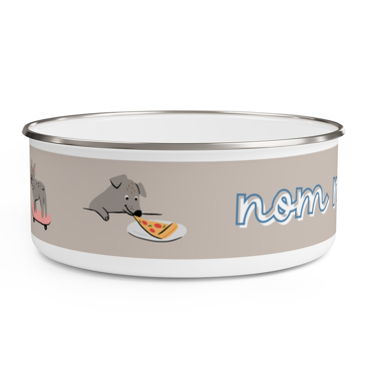 nom, nom, nom design Enamel Dog Bowl. Modern, Large Dog Bowls for Food and Water