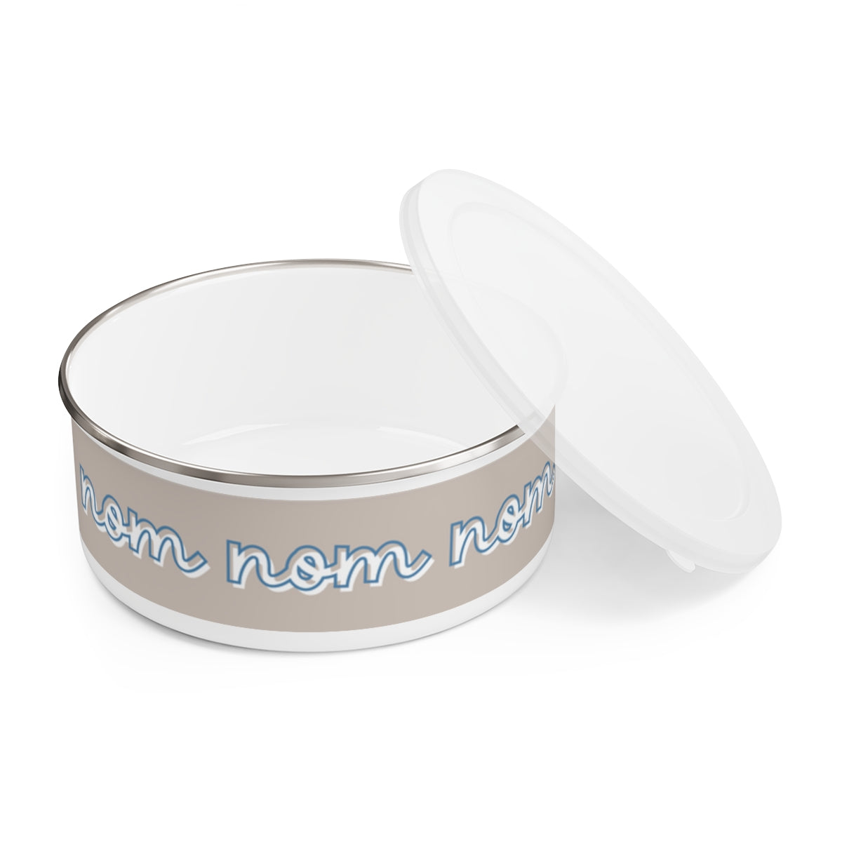 nom, nom, nom design Enamel Dog Bowl. Modern, Large Dog Bowls for Food and Water