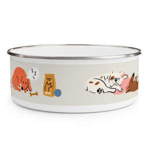 Eat, Drink, Sleep design Enamel Dog Bowl. Modern, Large Dog Bowls for Food and Water