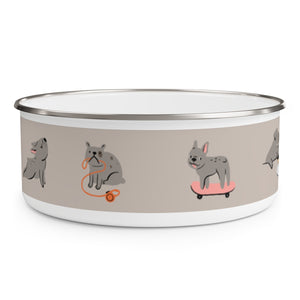 nom, nom, nom design Enamel Dog Bowl. Modern, Large Dog Bowls for Food and Water