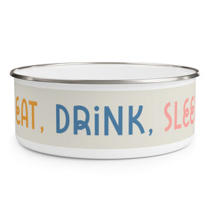 Eat, Drink, Sleep design Enamel Dog Bowl. Modern, Large Dog Bowls for Food and Water