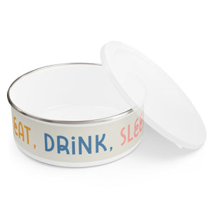 Eat, Drink, Sleep design Enamel Dog Bowl. Modern, Large Dog Bowls for Food and Water