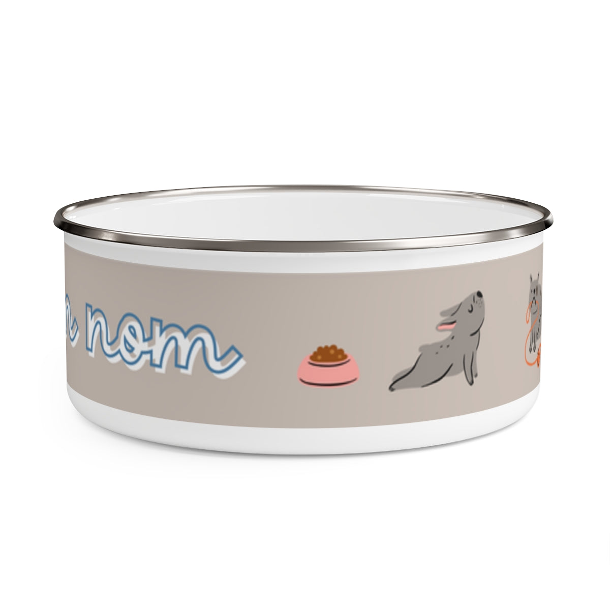 nom, nom, nom design Enamel Dog Bowl. Modern, Large Dog Bowls for Food and Water