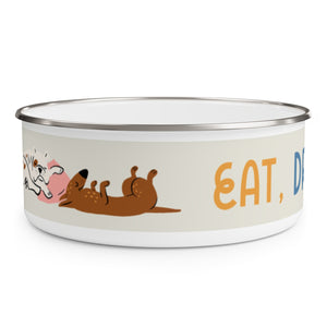 Eat, Drink, Sleep design Enamel Dog Bowl. Modern, Large Dog Bowls for Food and Water