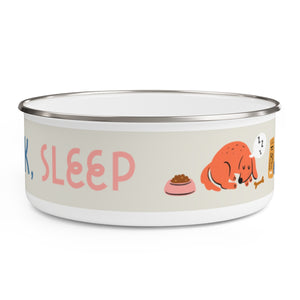 Eat, Drink, Sleep design Enamel Dog Bowl. Modern, Large Dog Bowls for Food and Water