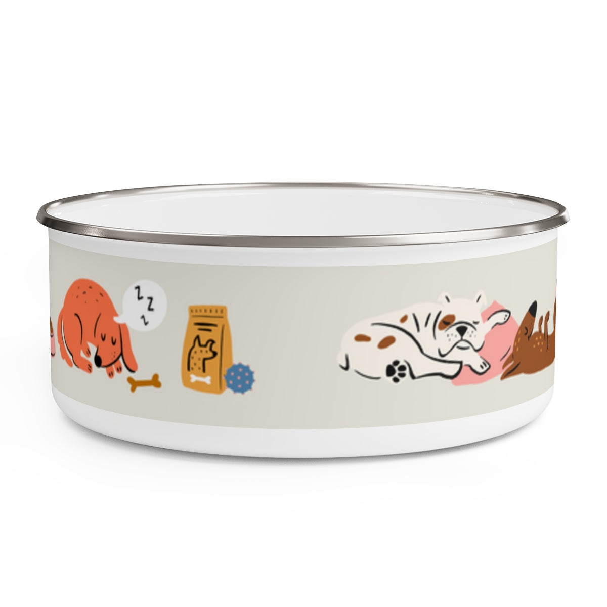 Eat, Drink, Sleep design Enamel Dog Bowl. Modern, Large Dog Bowls for Food and Water