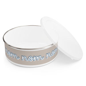 nom, nom, nom design Enamel Dog Bowl. Modern, Large Dog Bowls for Food and Water