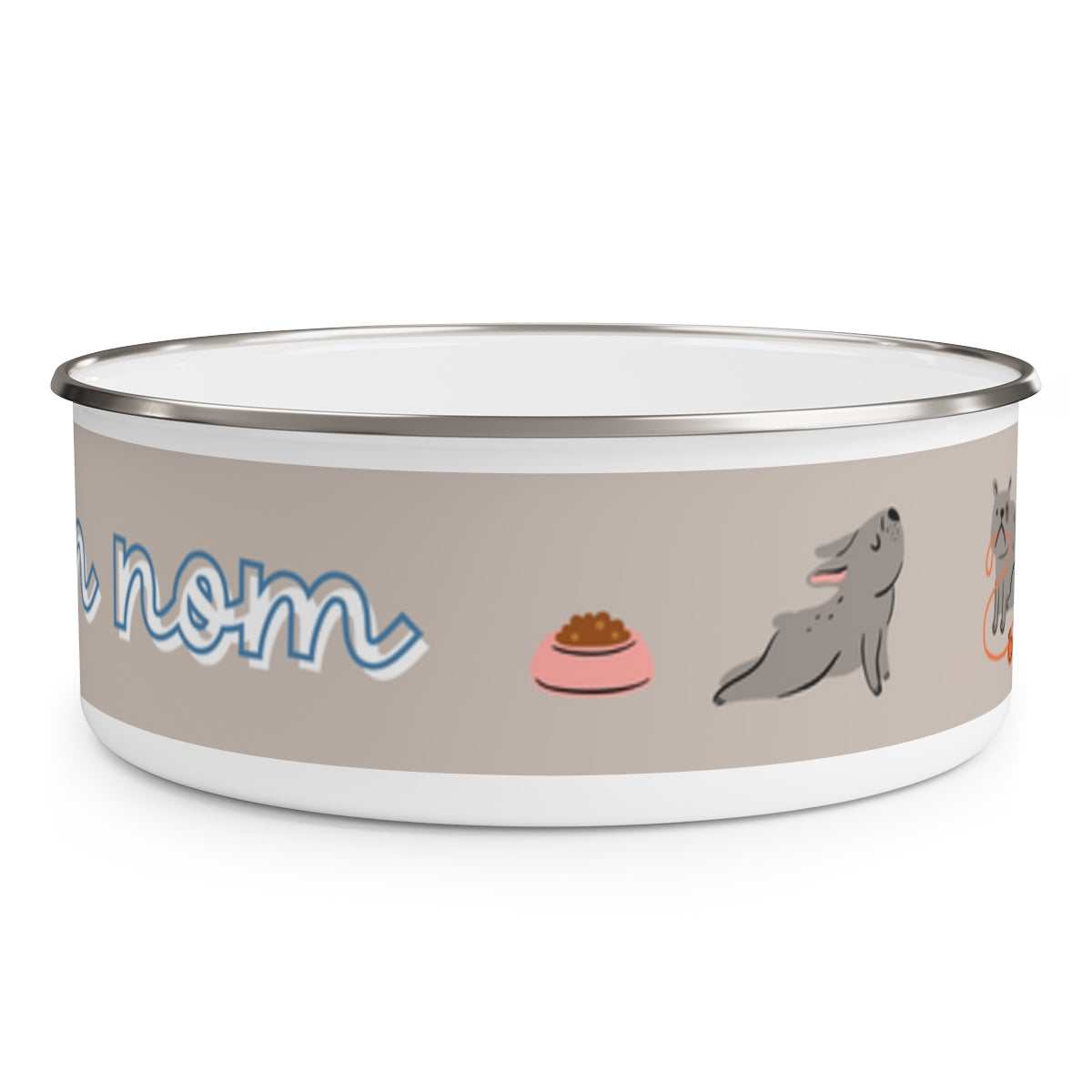 nom, nom, nom design Enamel Dog Bowl. Modern, Large Dog Bowls for Food and Water