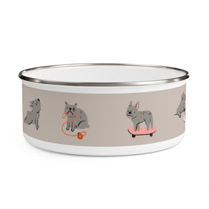 nom, nom, nom design Enamel Dog Bowl. Modern, Large Dog Bowls for Food and Water