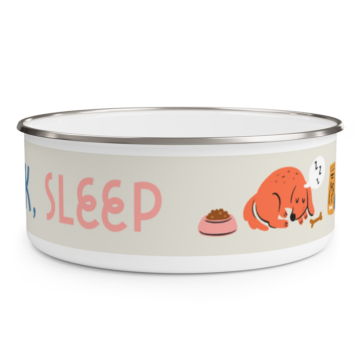 Eat, Drink, Sleep design Enamel Dog Bowl. Modern, Large Dog Bowls for Food and Water