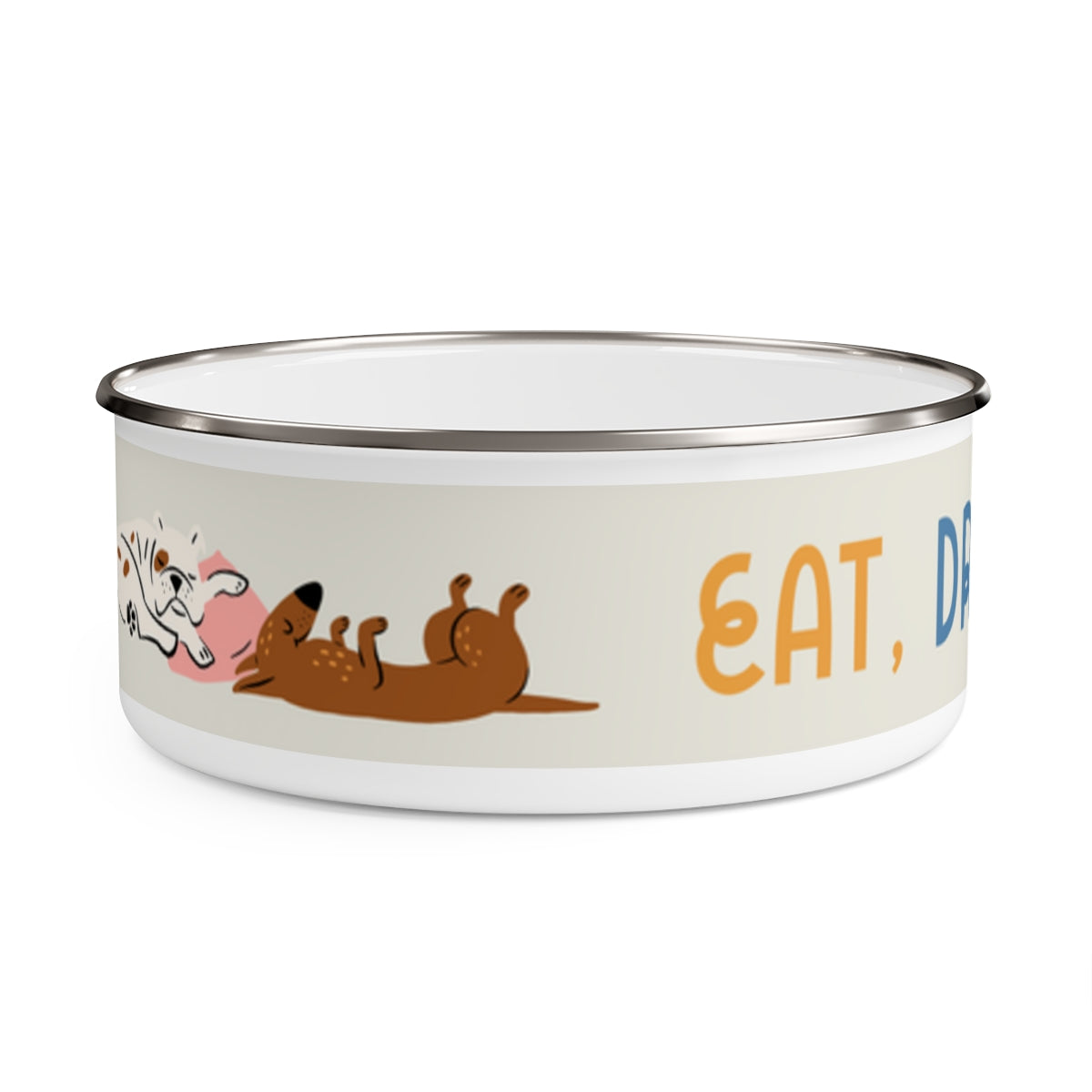 Eat, Drink, Sleep design Enamel Dog Bowl. Modern, Large Dog Bowls for Food and Water