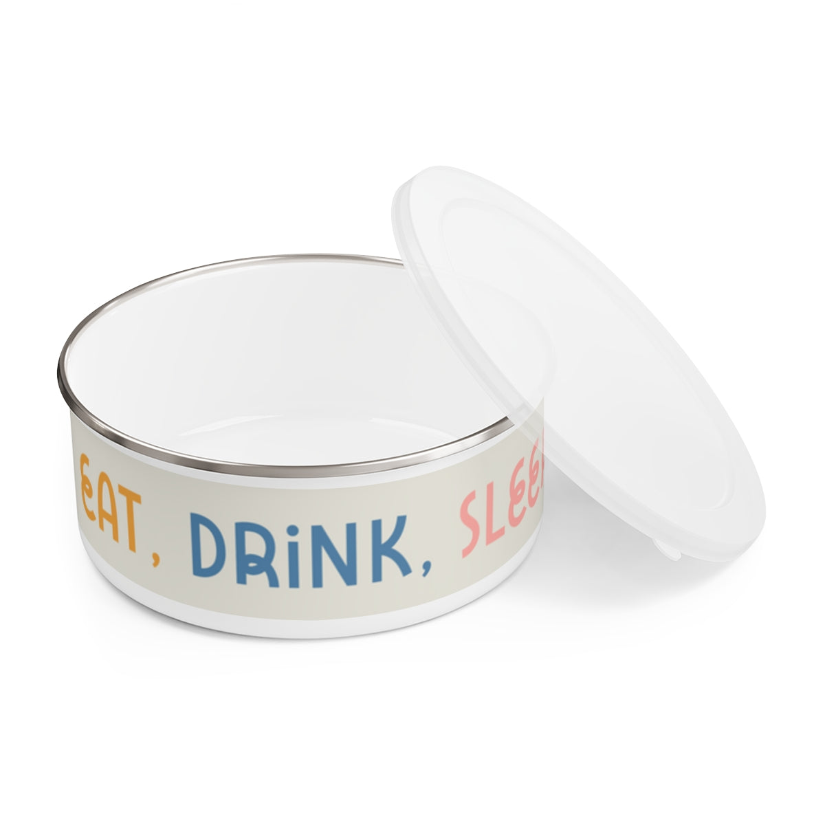 Eat, Drink, Sleep design Enamel Dog Bowl. Modern, Large Dog Bowls for Food and Water