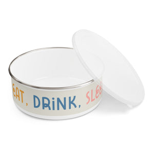 Eat, Drink, Sleep design Enamel Dog Bowl. Modern, Large Dog Bowls for Food and Water