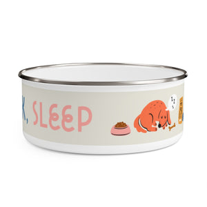 Eat, Drink, Sleep design Enamel Dog Bowl. Modern, Large Dog Bowls for Food and Water