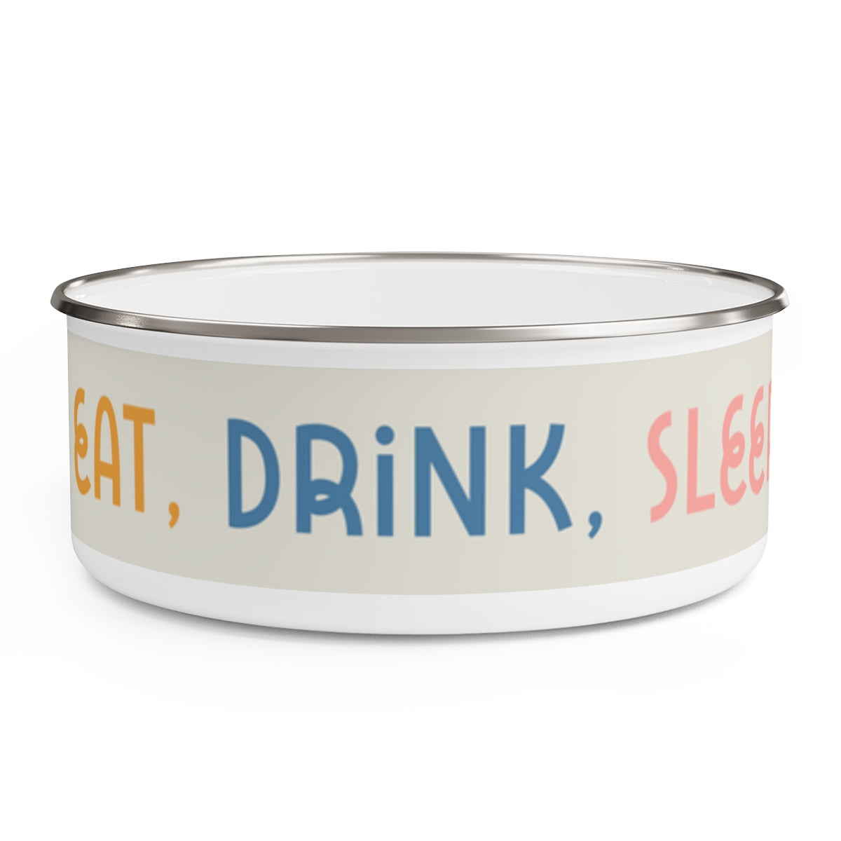 Eat, Drink, Sleep design Enamel Dog Bowl. Modern, Large Dog Bowls for Food and Water