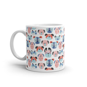 Cute Happy Dog Faces in pink and blue on a glossy mug