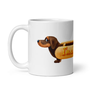 I'm a Hot Dog text dachshund in a bun design White glossy mug