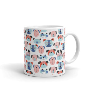 Cute Happy Dog Faces in pink and blue on a glossy mug